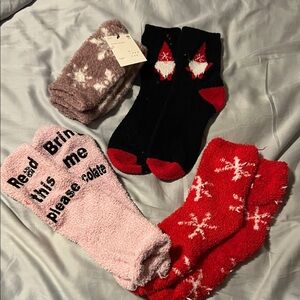 a new day Fuzzy Brown and White Snowflake Socks